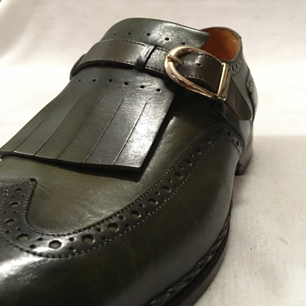 Paul Parkman Green Leather Wingtip Monkstrap Shoes - Picture 6 of 13